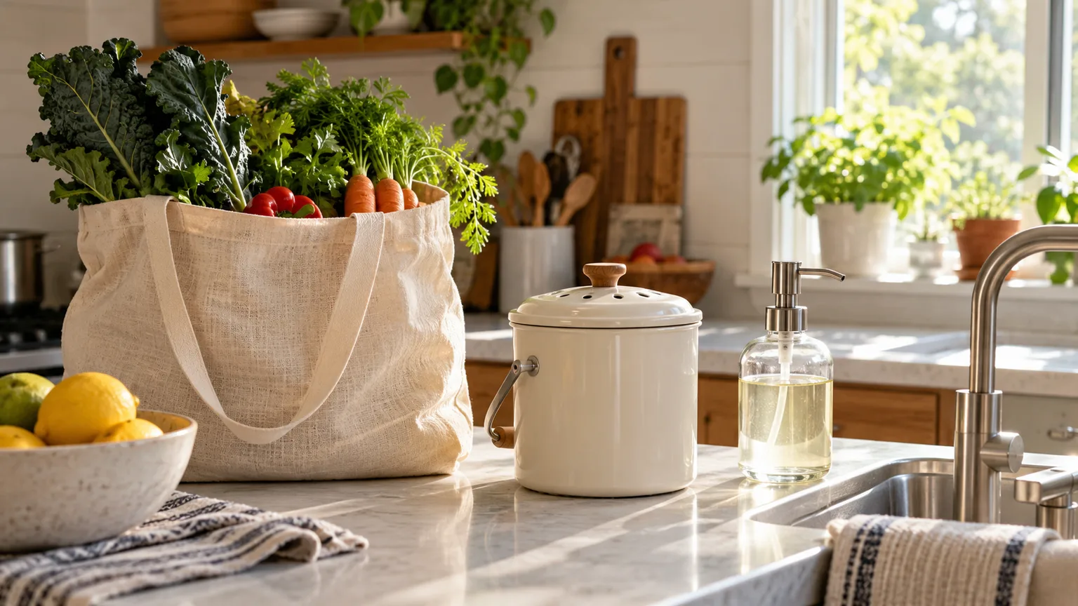 Reusable produce bag, kitchen scrap caddy, and refillable soap on a home counter