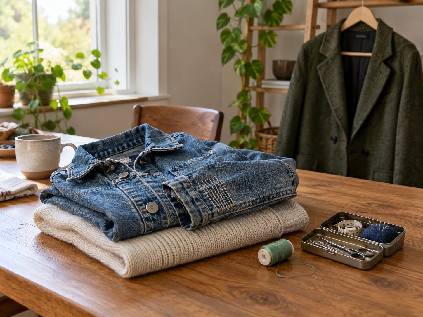 A mended denim jacket and a simple sewing kit represent repair and reuse before buying new