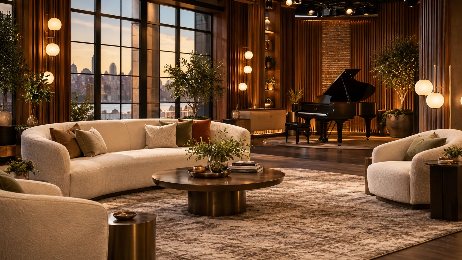 Concept image of a music-lounge-inspired studio with walnut-toned slats, lounge seating, layered rugs, and a piano