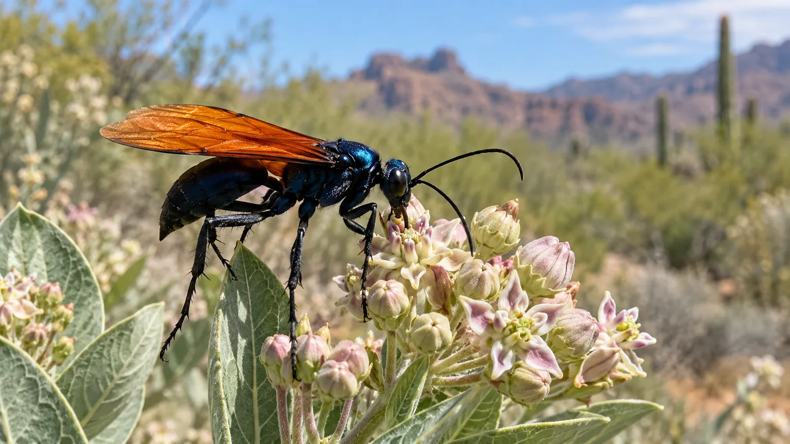 Tarantula hawk wasp with a metallic blue-black body and orange wings feeding on a desert flower