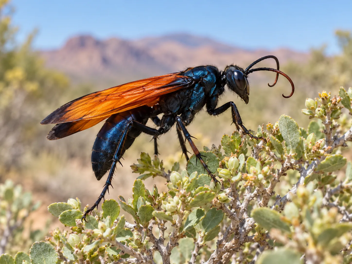 Side view showing the long legs, metallic body, orange wings, and curled antennae of a female tarantula hawk