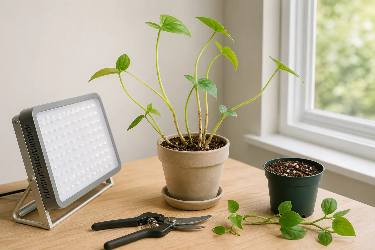 Moving a stretched houseplant closer to a bright window and adding a grow light for compact new growth