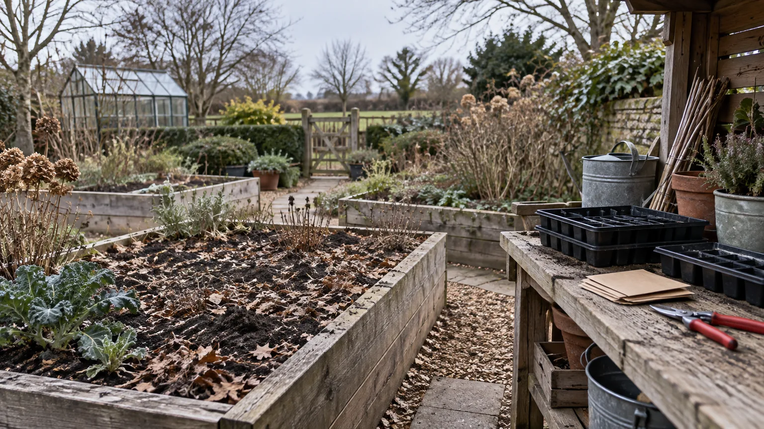 Dormant winter garden with a tray of seed-starting pots and well-kept hand tools ready for spring planning