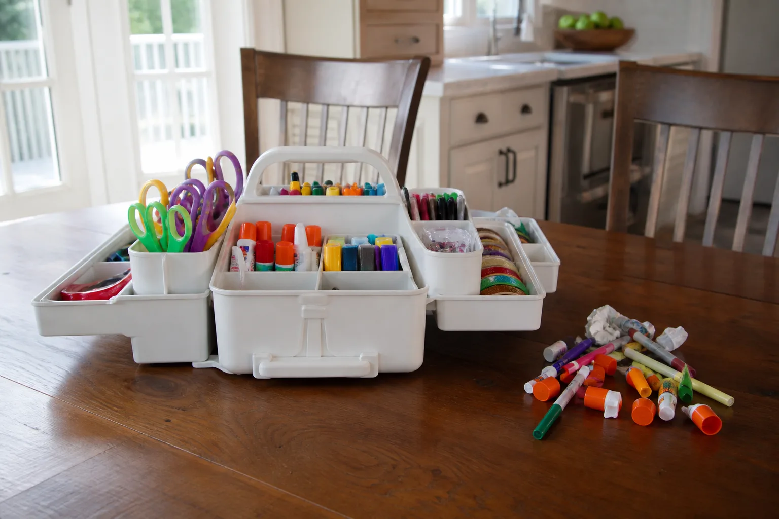 Arts and crafts caddy on a dining table with organized supplies and a small pile of dried-out markers to discard