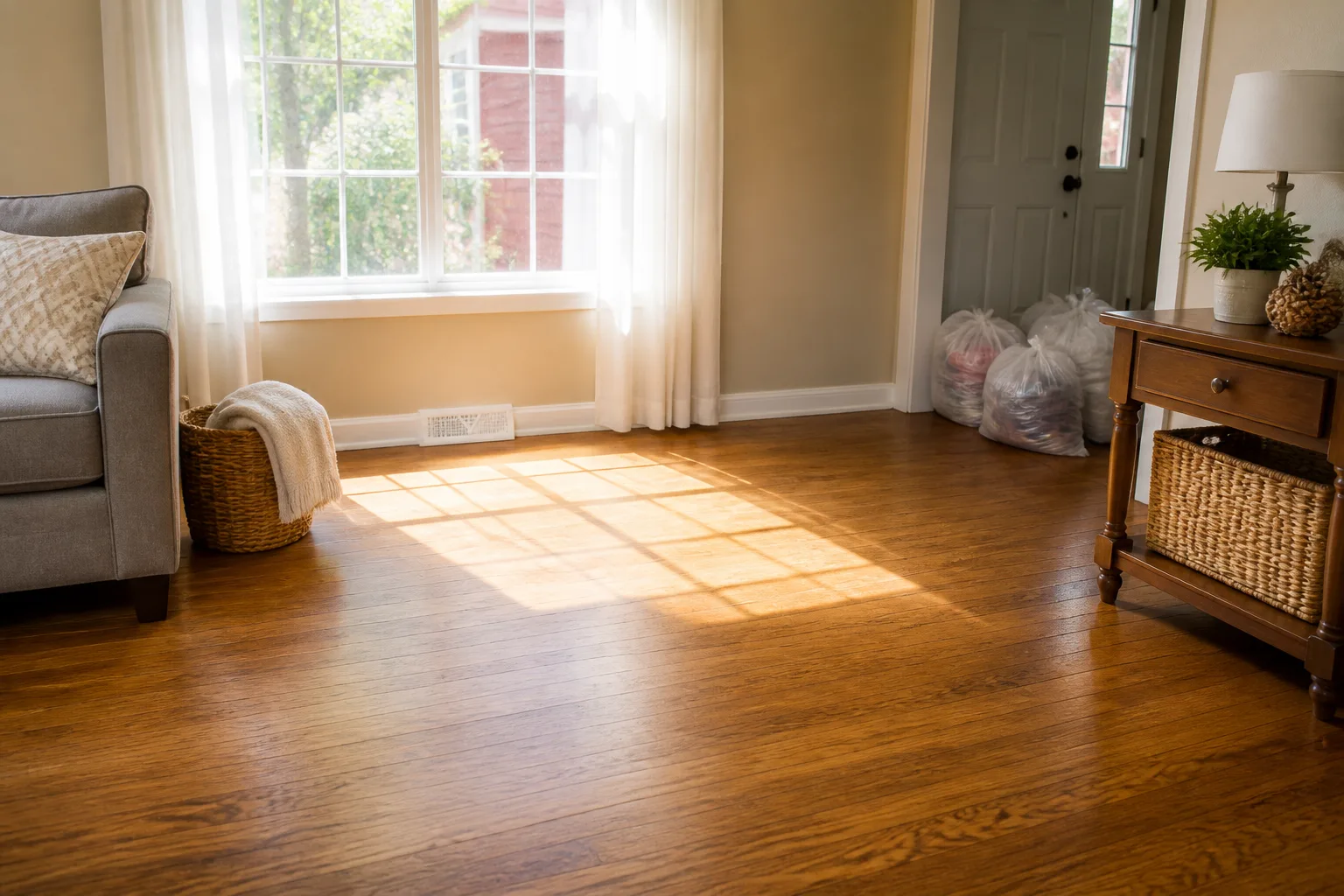 Bright living room corner with clear floor space and donation bags ready before a Christmas tree is set up