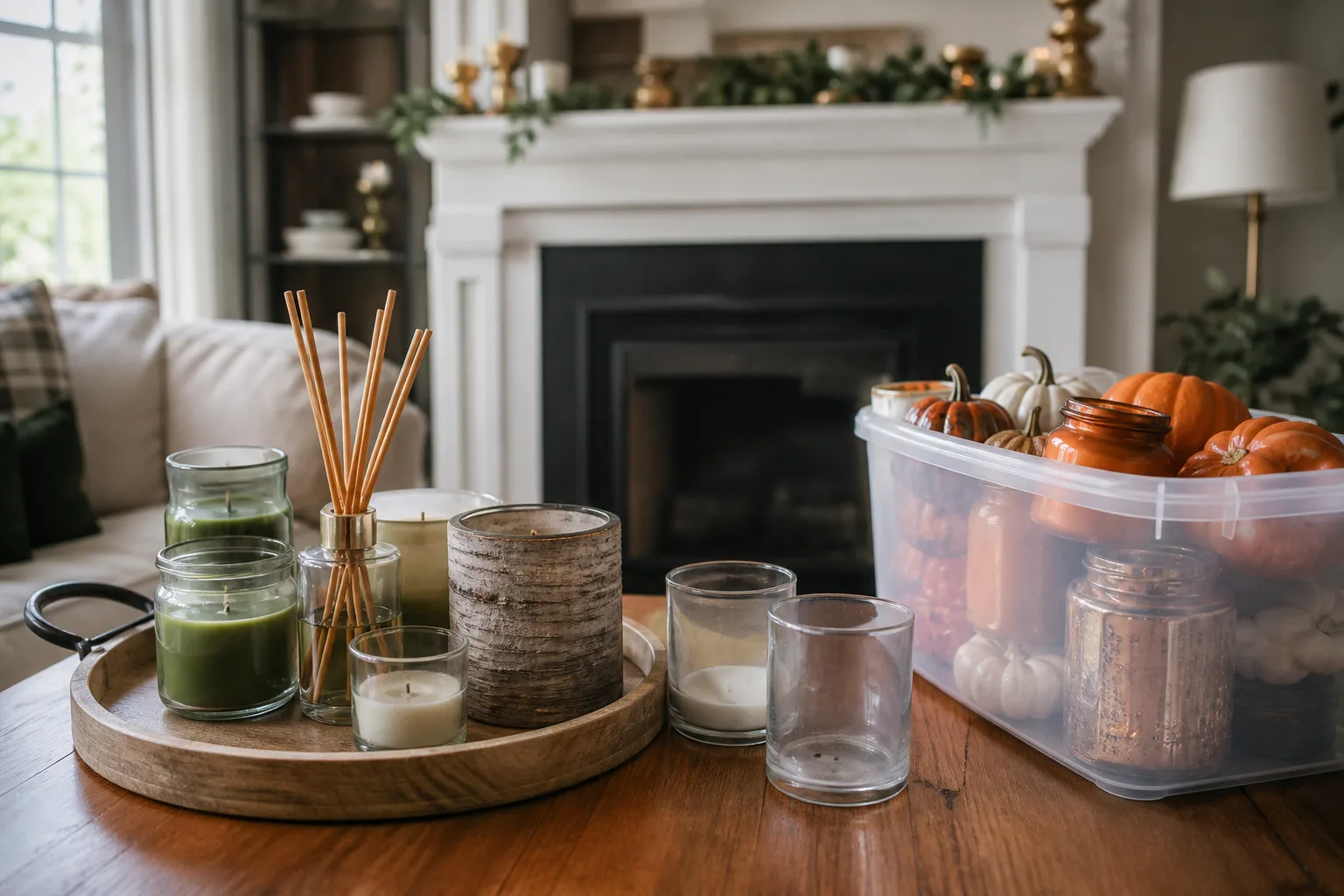 Candles and reed diffusers sorted on a tray with fall scents stored away before Christmas tree season