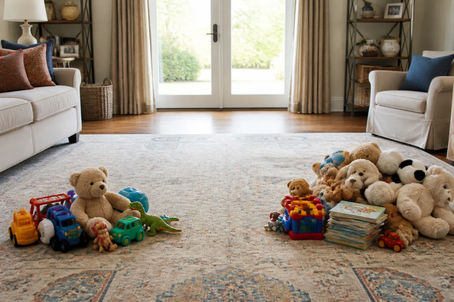 Children's toys sorted into keep and donate piles on a living room rug with clear floor space for a Christmas tree