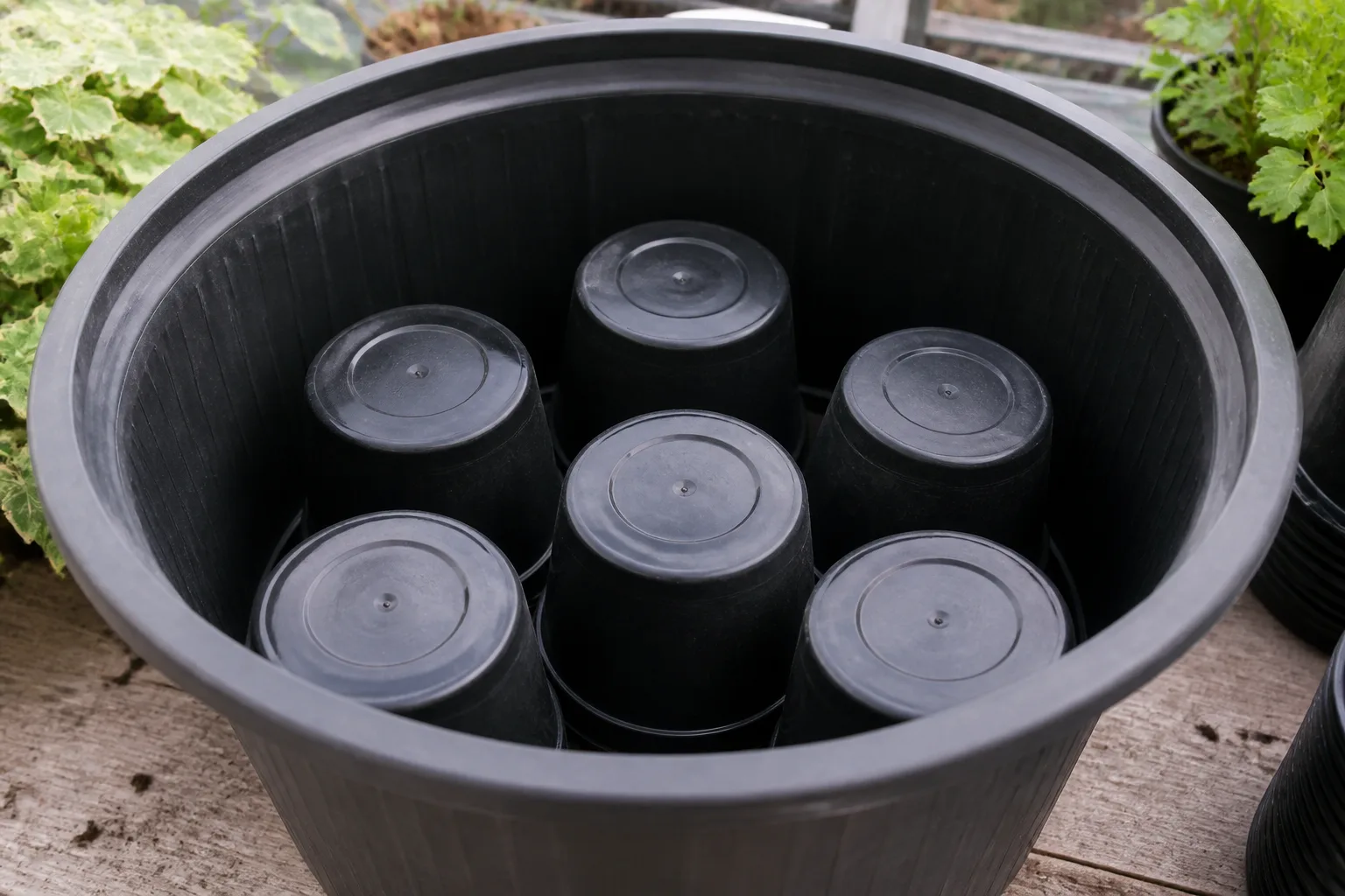 Upside-down nursery pots arranged across the base inside a tall empty planter