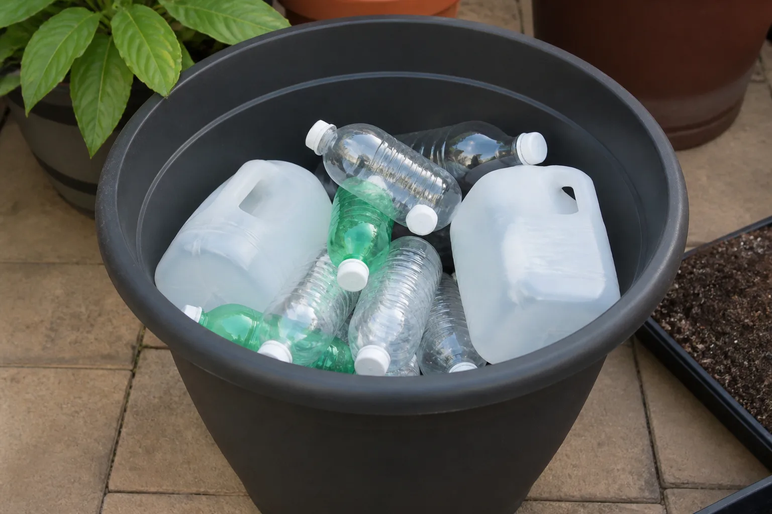 Clean capped plastic bottles and jugs arranged snugly in the base of a large planter