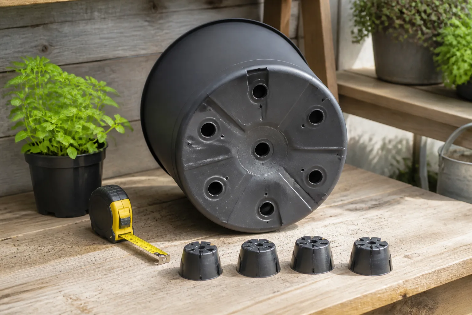 Empty planter turned over on a potting bench showing drainage holes, with a nursery pot and plant tag nearby