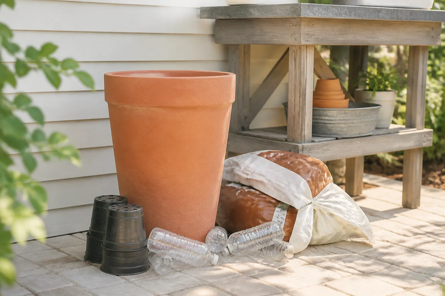 Tall planter on a patio with nursery pots, capped bottles, and potting mix ready for filling