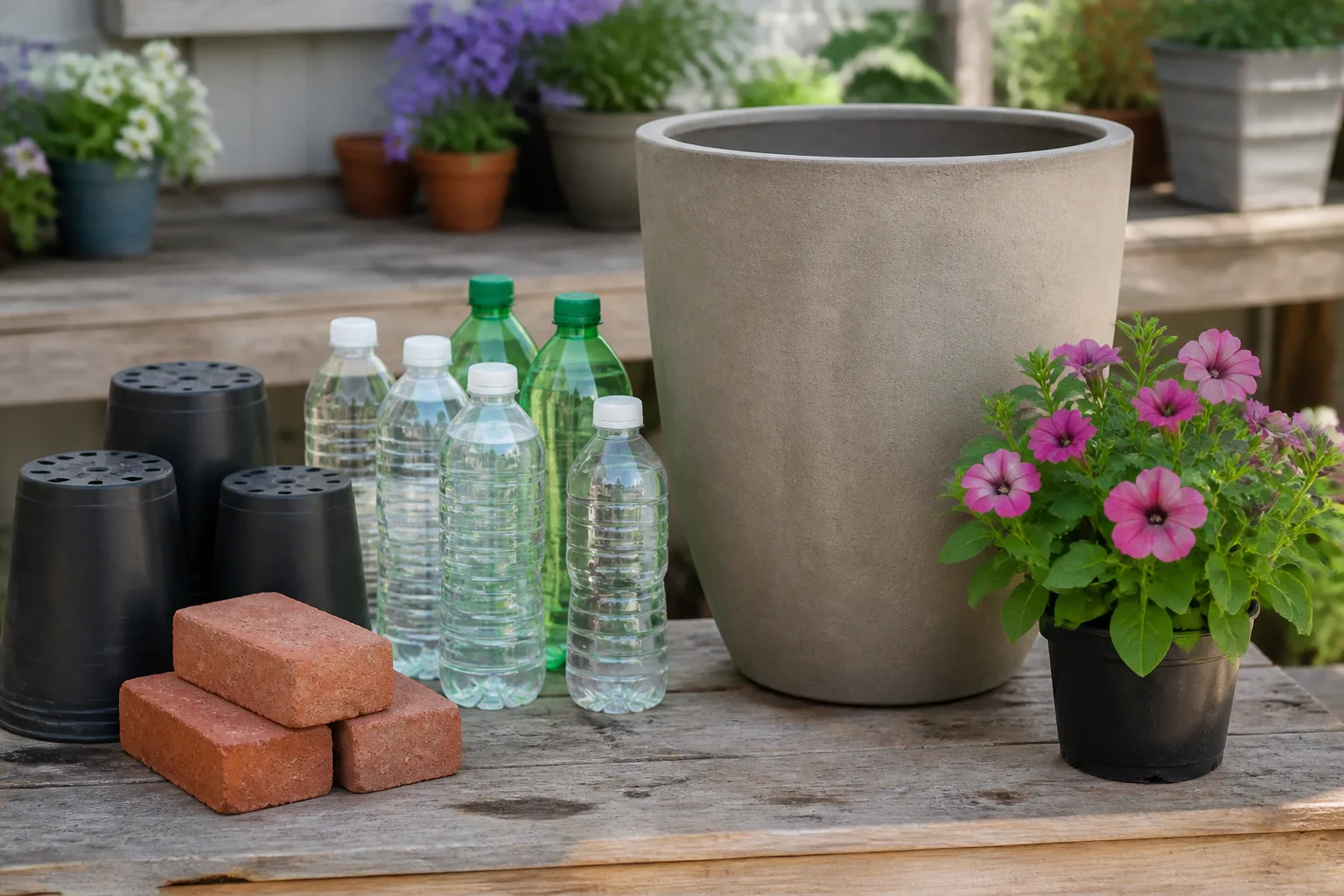 Upside-down nursery pots, capped bottles, and bricks grouped beside a tall empty planter on a potting bench