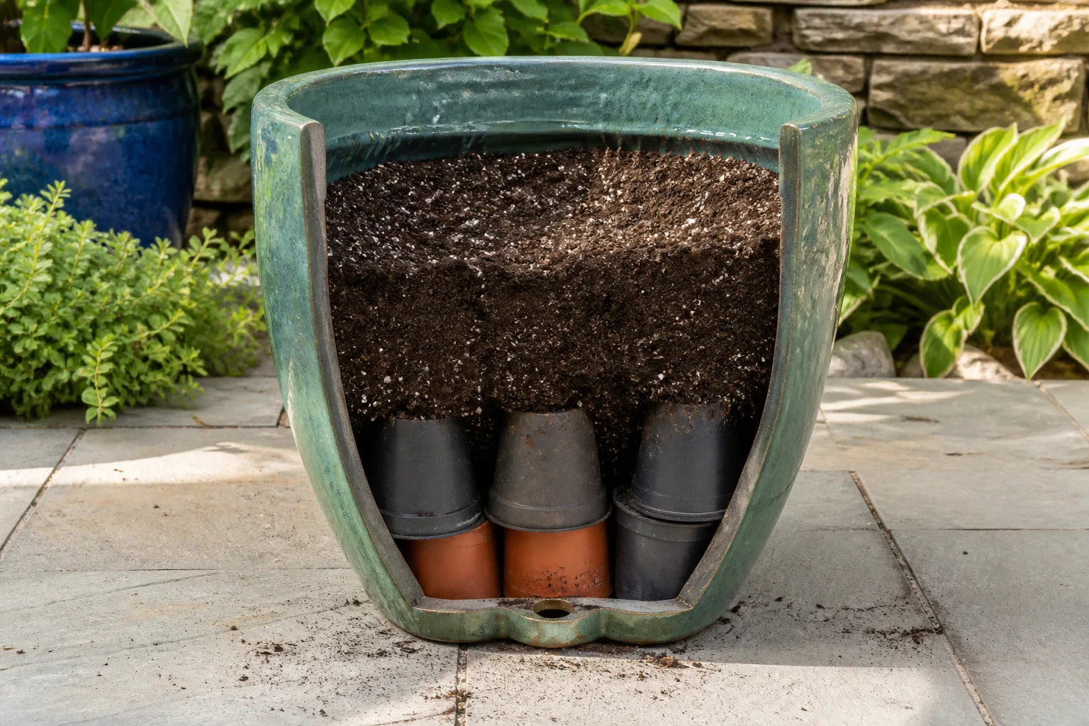 Large planter showing a lower filler layer of upside-down nursery pots beneath a potting-mix root zone with drainage holes visible
