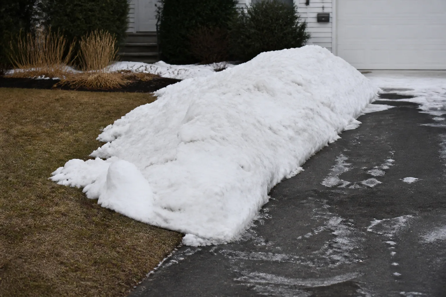 Large snow berm piled along a driveway edge where salty meltwater can soak into adjacent lawn and garden beds