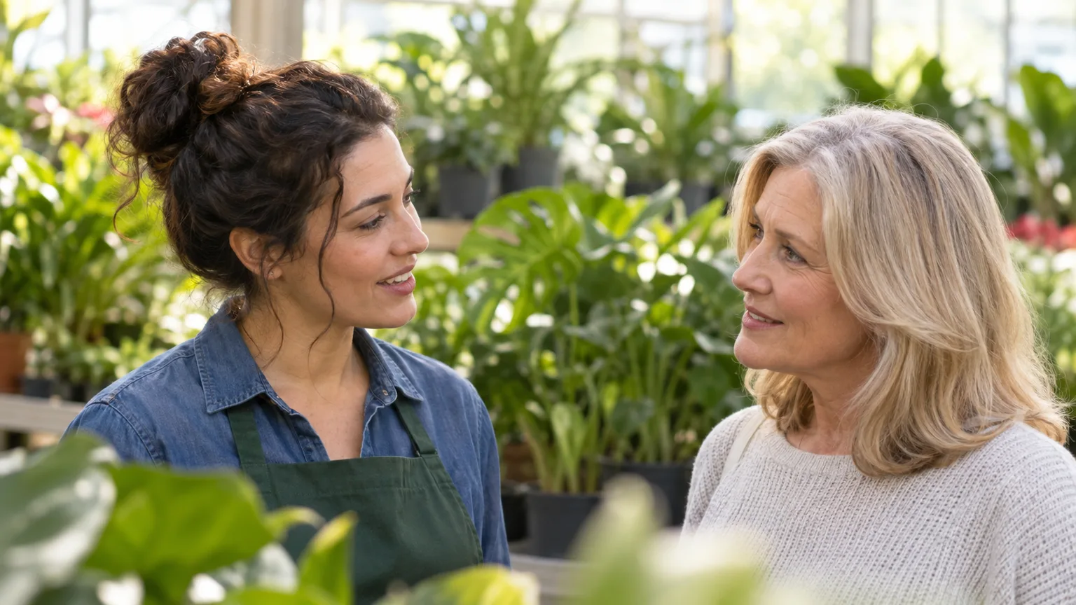 A nursery employee and customer talking among potted houseplants
