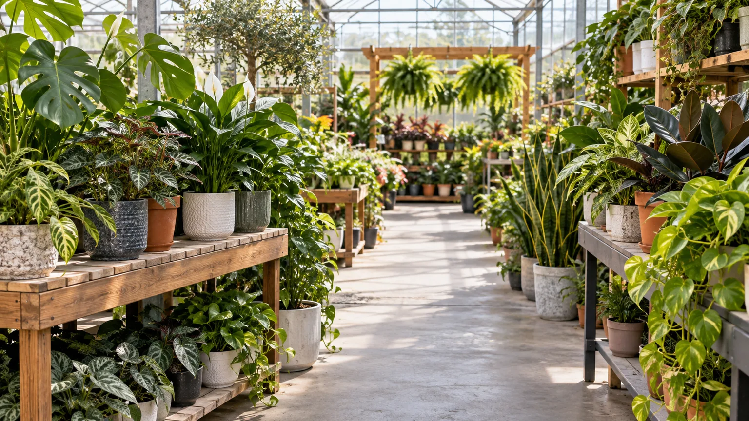Rows of potted houseplants in a bright plant-store aisle