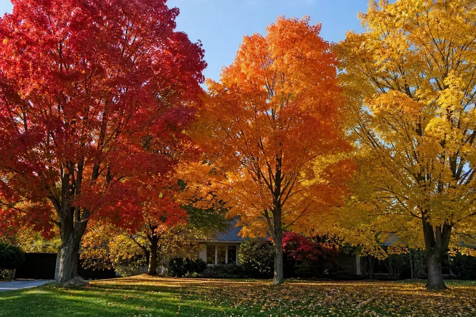 Mature maple trees in peak autumn color with scarlet, orange, and gold foliage on a residential lawn