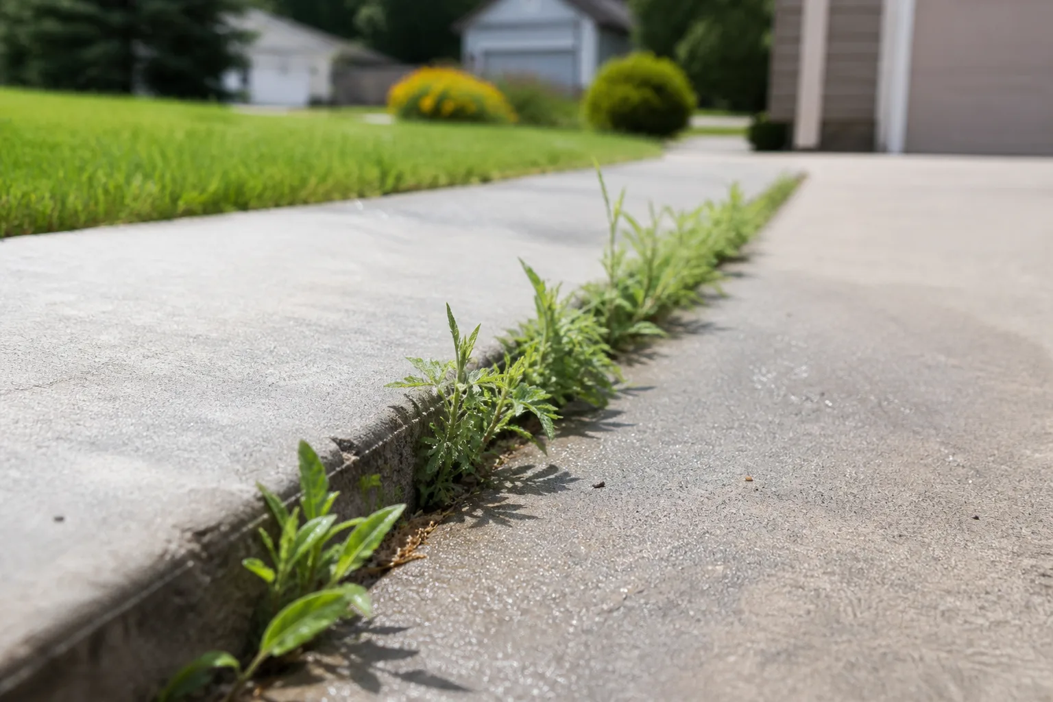 Weed leaves in a sidewalk crack coated with spray droplets on a sunny day