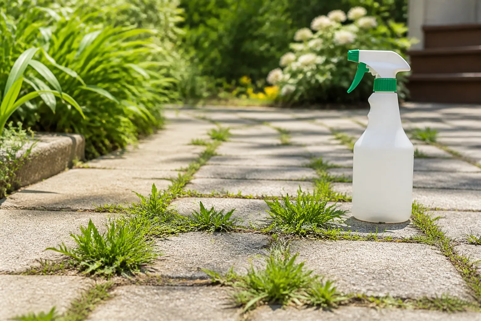 Weeds growing in patio paver cracks beside a garden spray bottle on a sunny sidewalk