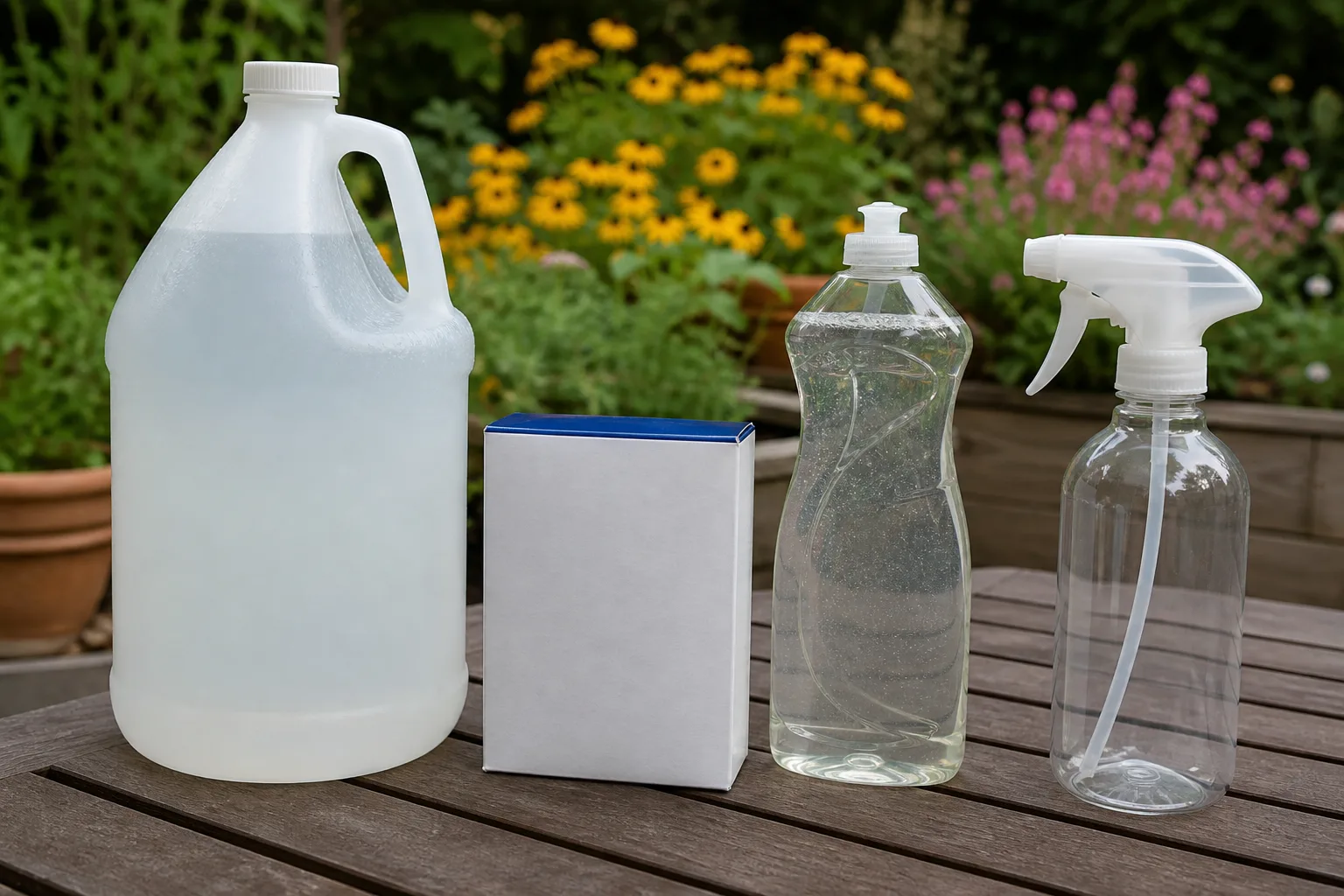 White vinegar, table salt, liquid dish soap, and an empty spray bottle arranged as DIY weed killer materials