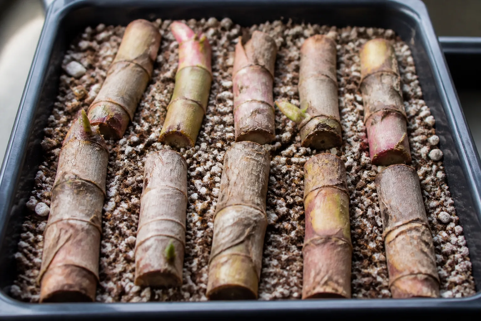 Ti plant cane sections laid in moist perlite and peat mix for propagation