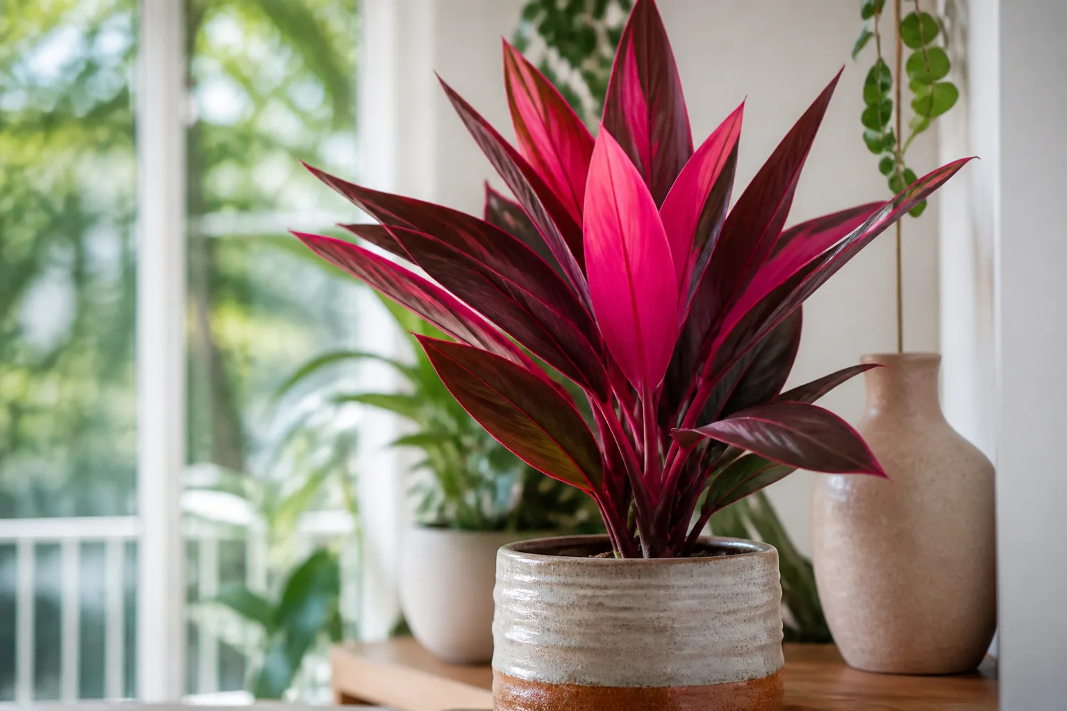 Ti plant with vivid magenta and burgundy sword-shaped leaves in a ceramic pot