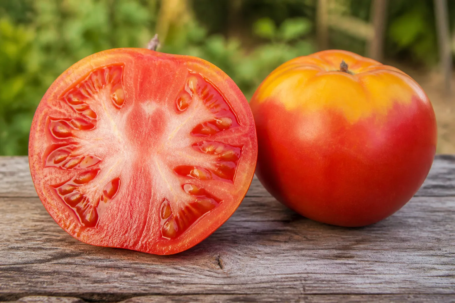 Sliced tomato showing a tough white core and yellow shoulders from heat stress