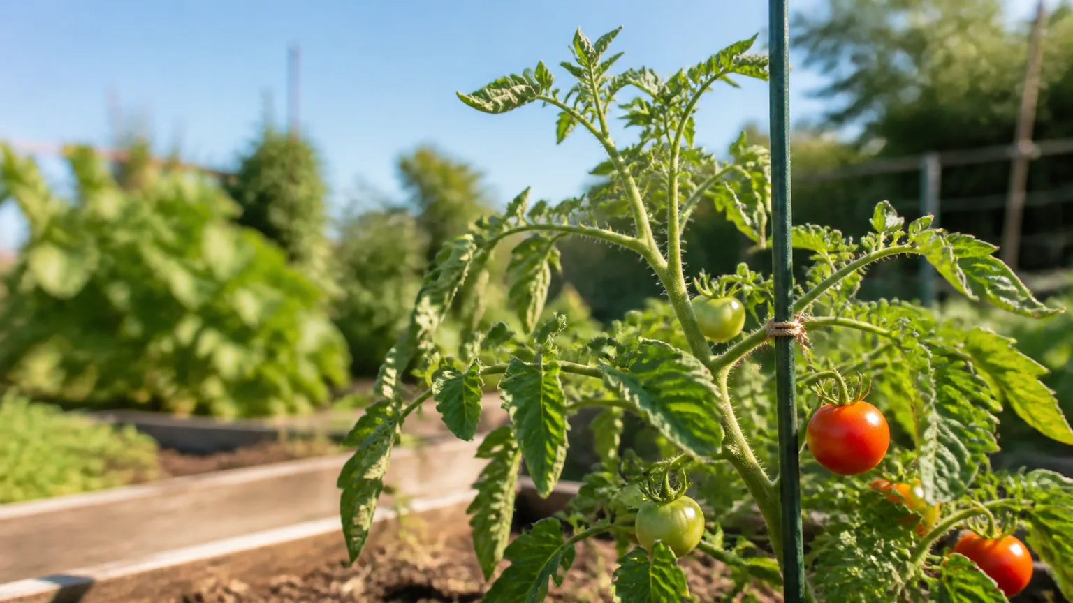 Tomato plant with older leaves curling upward in a sunny raised bed while new growth stays green