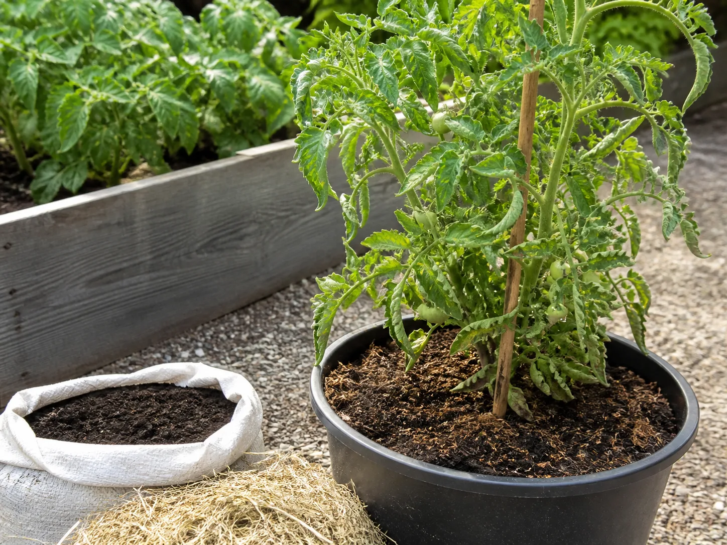Potted tomato plant and garden amendments during a root-zone and compost check