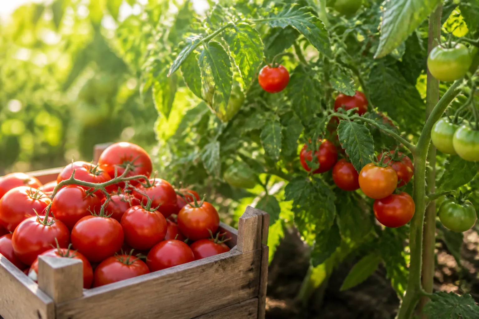 Fully ripe red tomatoes ready to harvest from a supported garden vine
