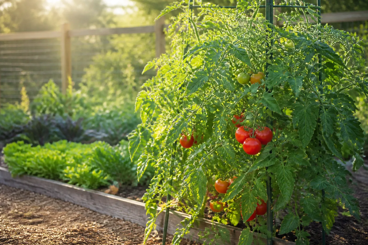 Staked tomato plant in a home garden showing leaves, yellow flowers, and ripening red fruit across growth stages