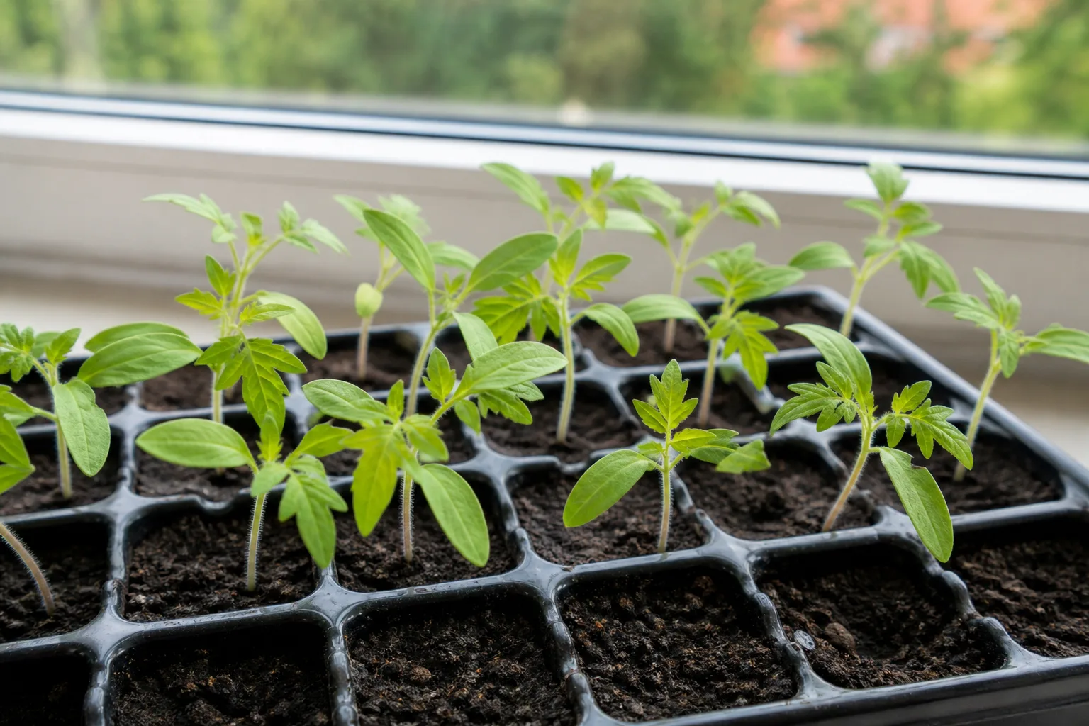 Cardinal flower seedlings in small pots under bright indoor light after germination