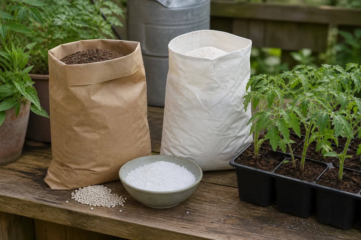 Tomato seedlings beside soil and fertilizer materials on a garden bench