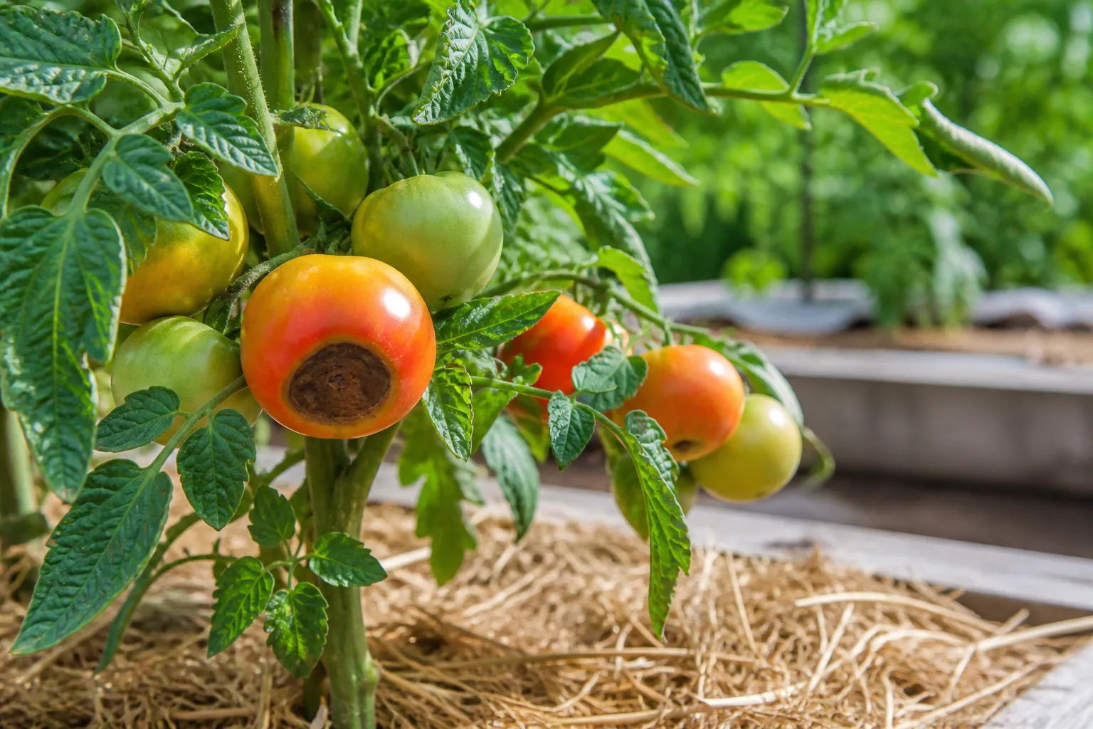 Healthy tomato plant with green, orange, and red fruit in a sunny garden