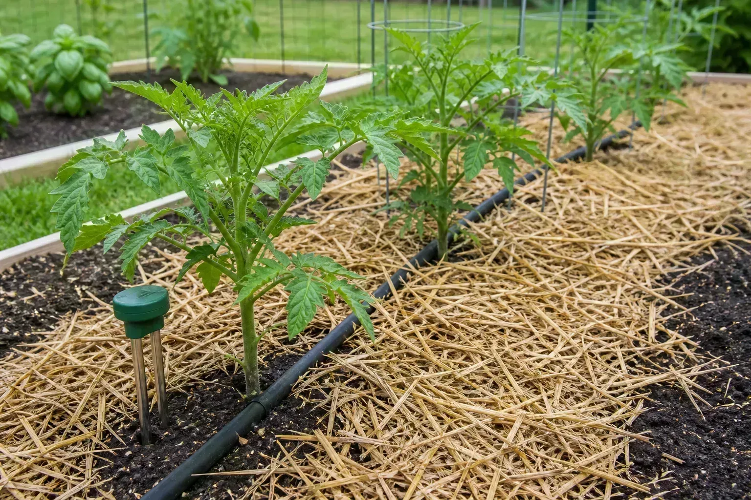 Mulched tomato plants with drip irrigation in a garden bed