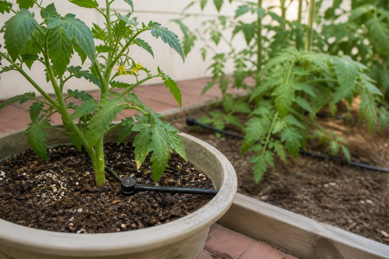Tomato plants growing with drip irrigation in a container and garden bed