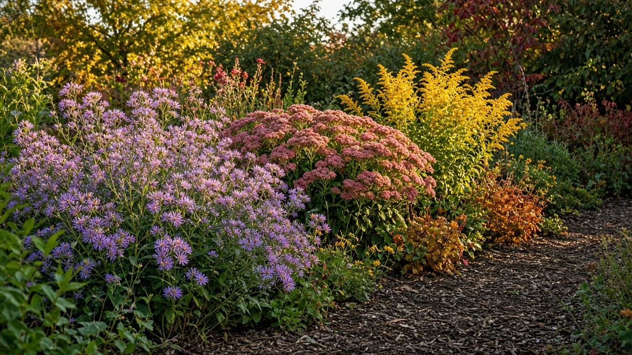 Mixed late-season perennial border with asters, goldenrod, sedum, and warm fall flowers
