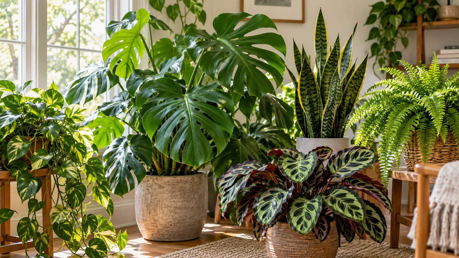 A bright indoor corner with diverse foliage plants including monstera, pothos, snake plant, calathea, and fern