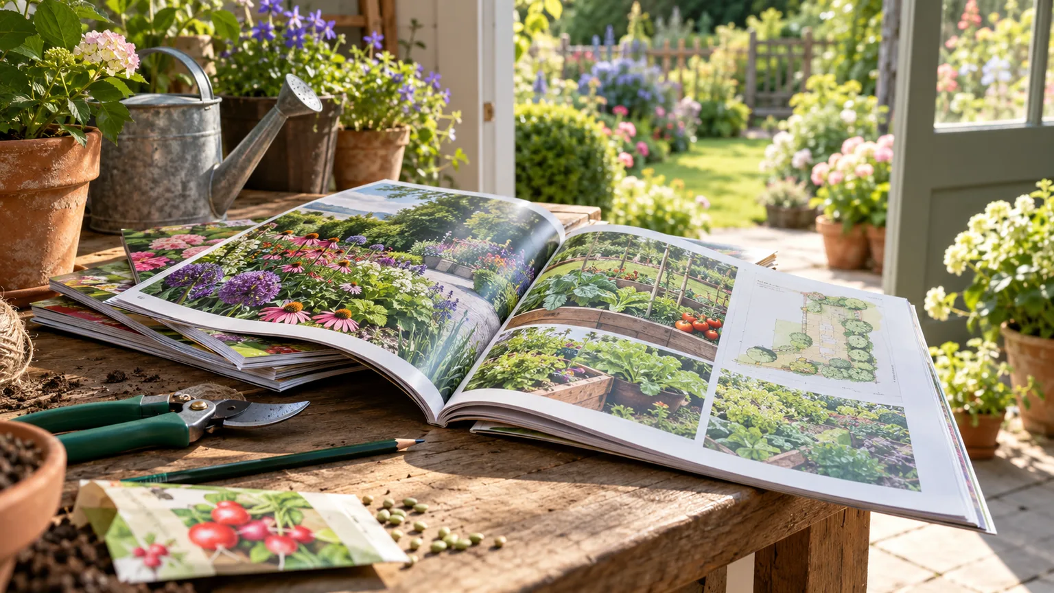 Open gardening magazines on a potting bench beside a flowering garden