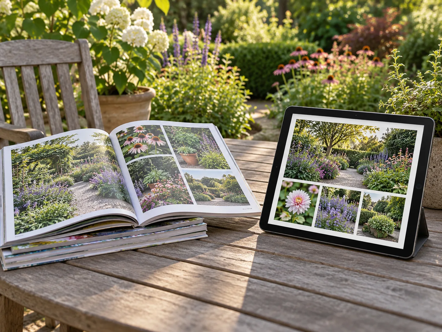 Print gardening magazines beside a tablet with a digital garden article, illustrating two ways to read.