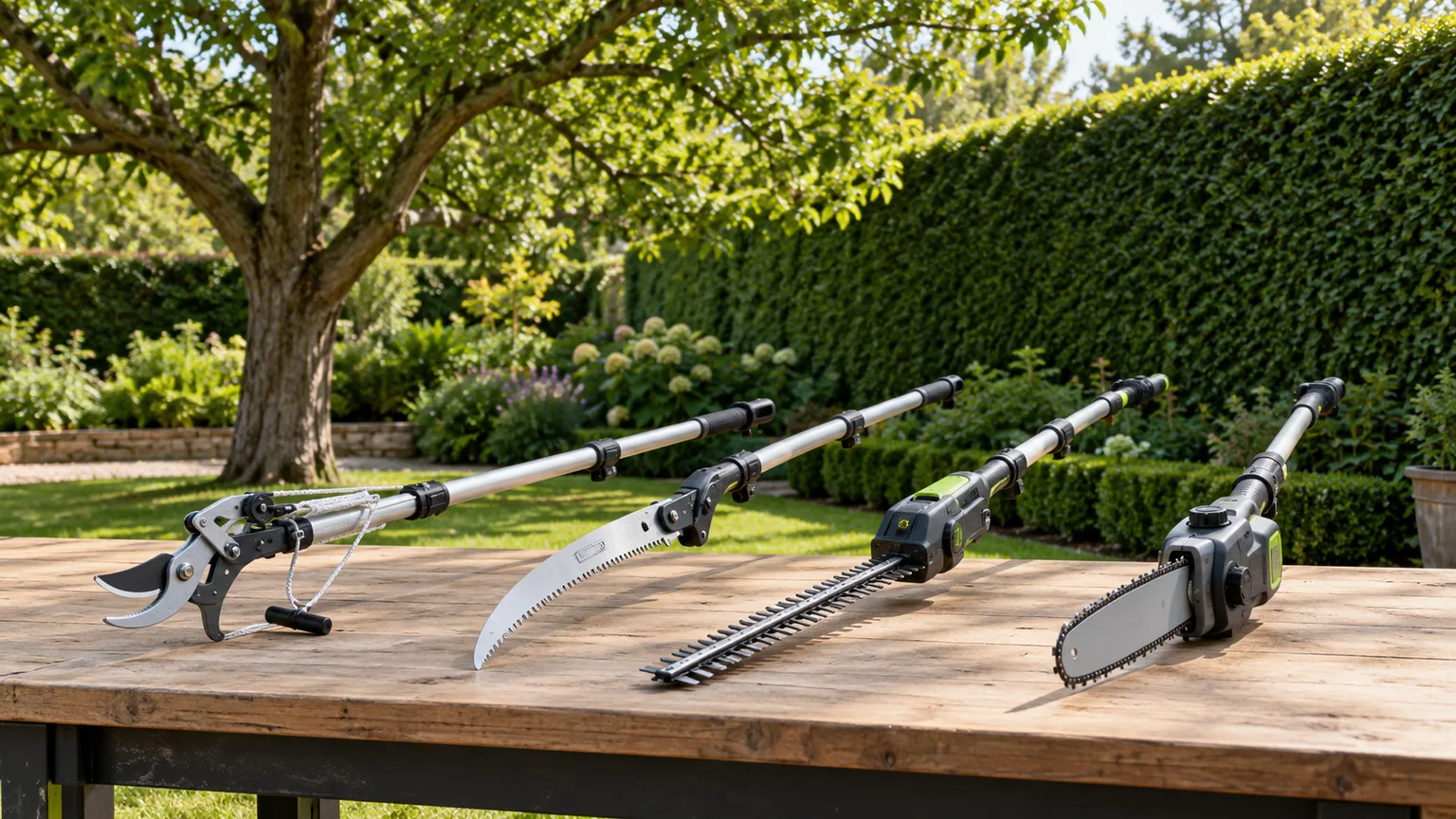 Four pole-pruning tools arranged outdoors beside a tall hedge and tree.