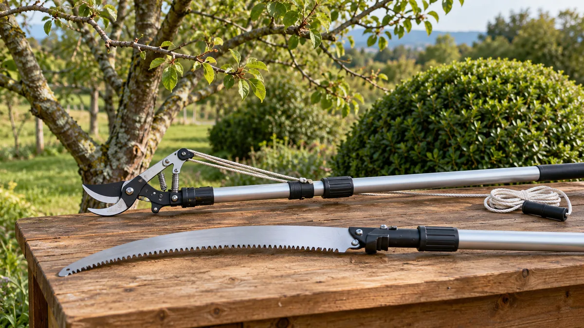 Manual bypass pole pruner with rope mechanism beside a curved-tooth manual pole saw.
