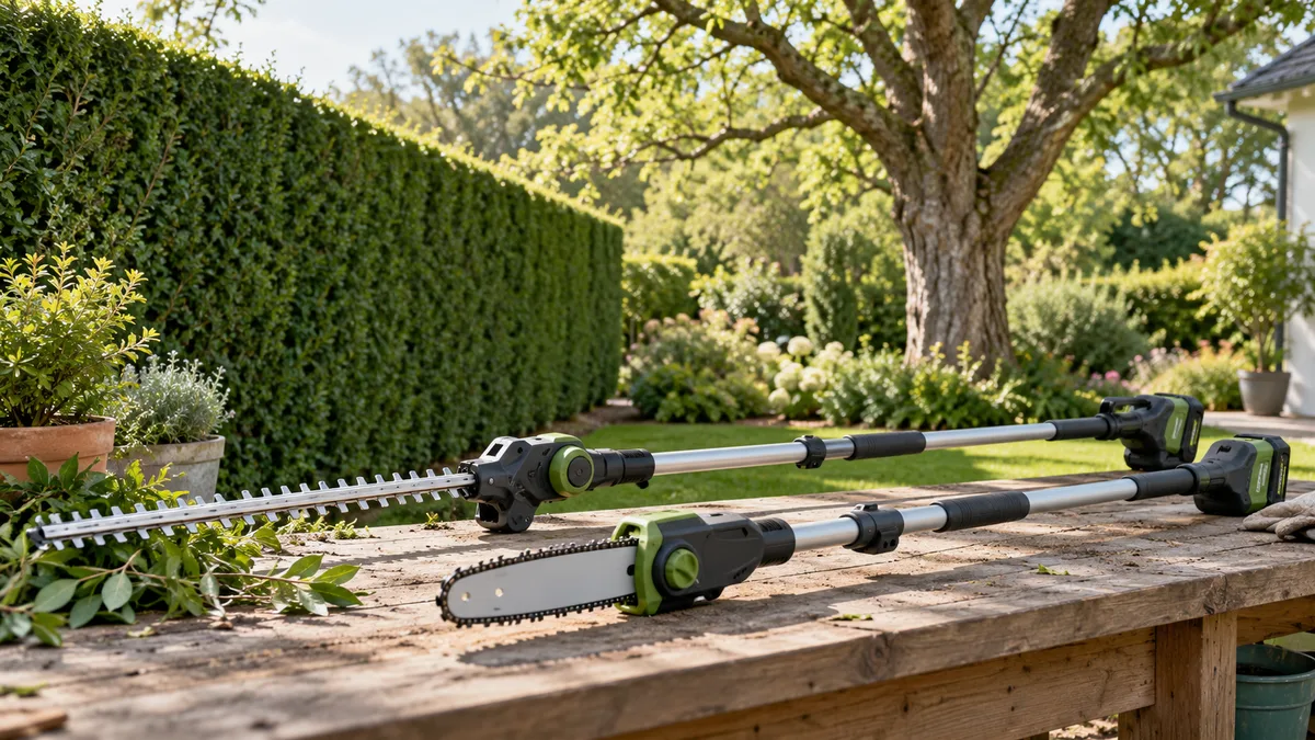 Battery-powered pole hedge trimmer and pole saw arranged beside a tall hedge and tree.