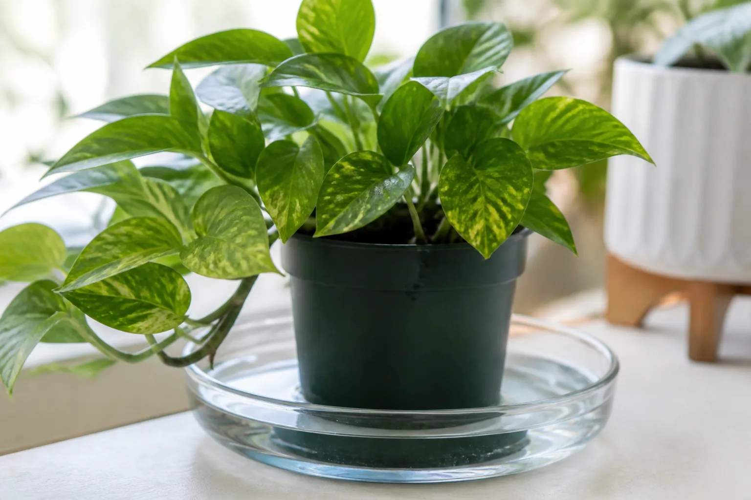 Nursery pot sitting in a shallow tray of water for bottom watering