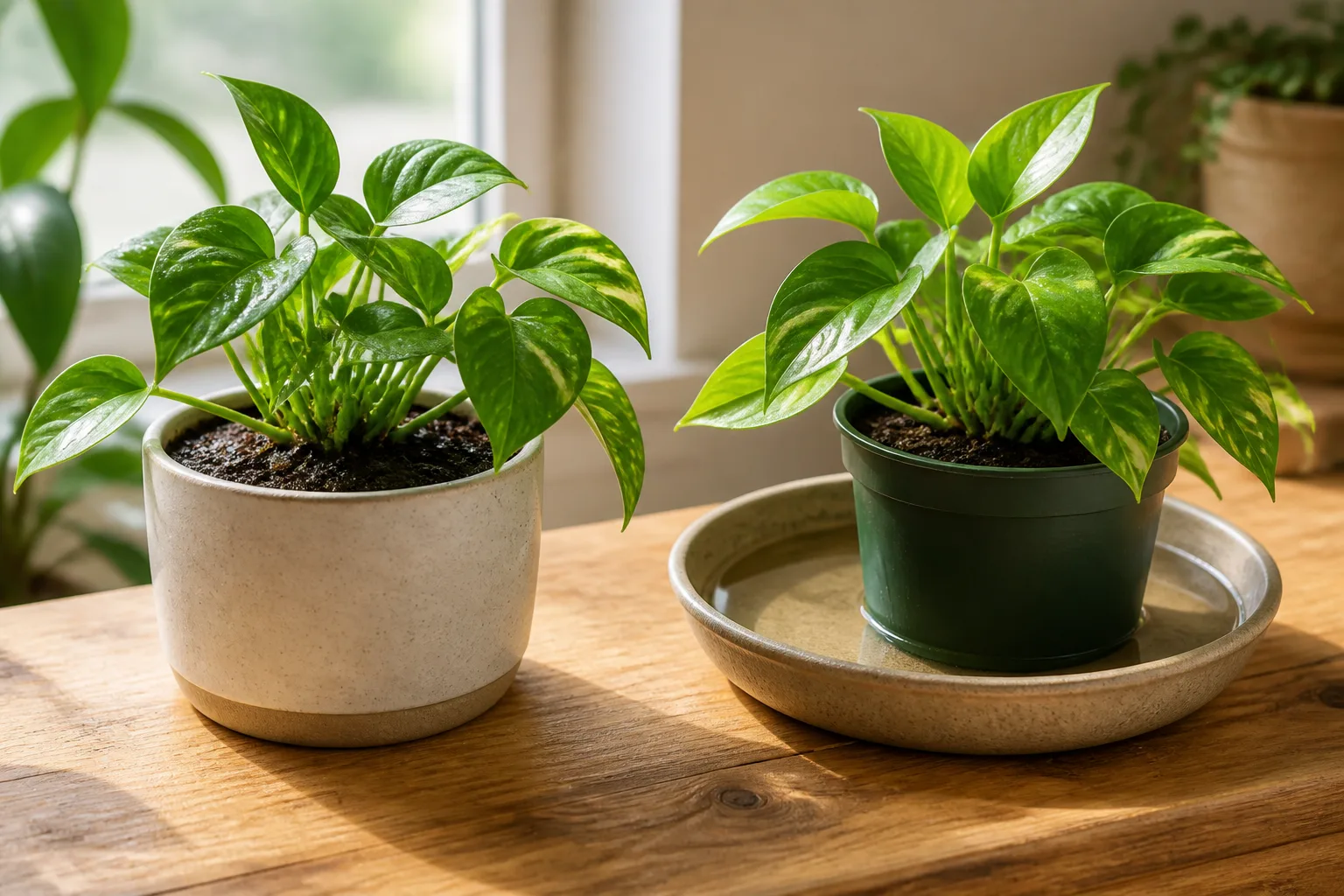 Houseplant being top-watered next to a pot soaking in a shallow water tray for bottom watering