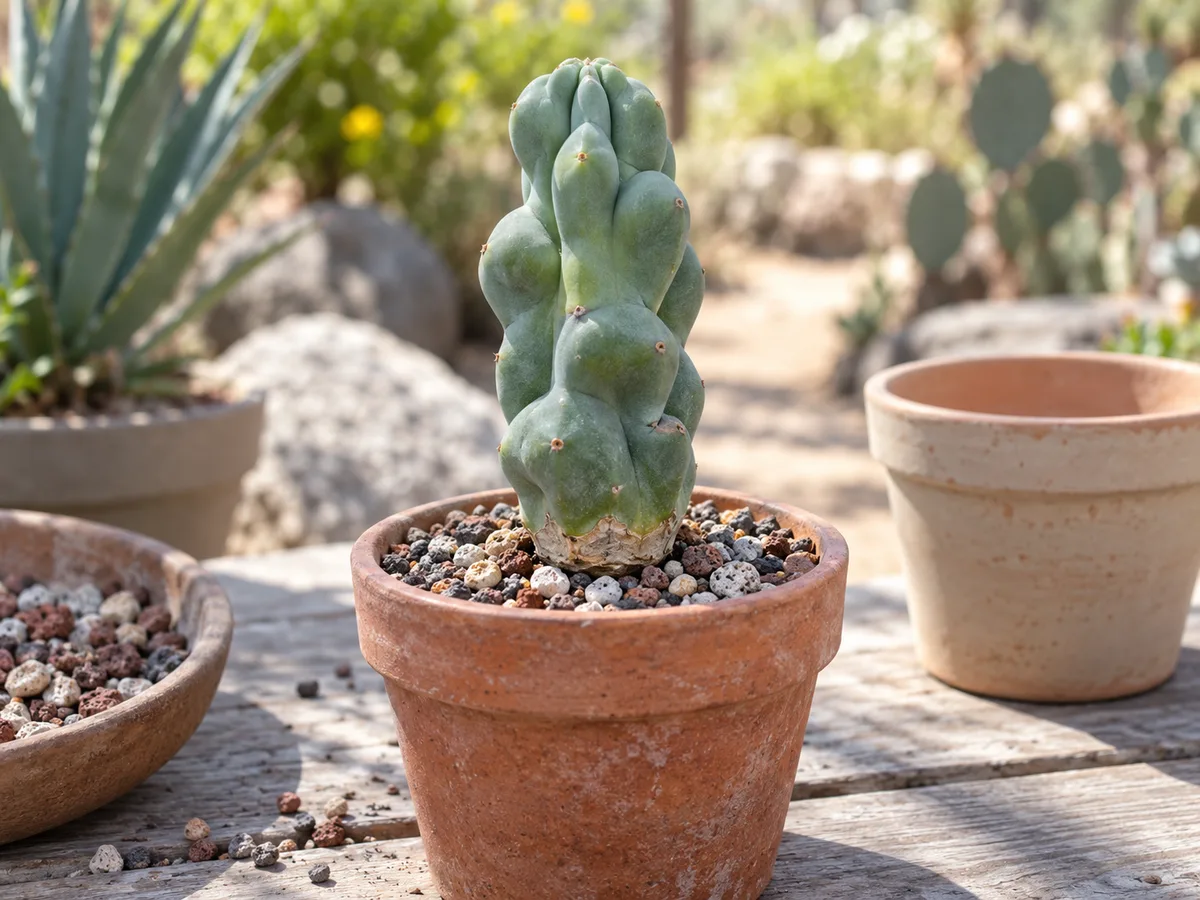 A callused totem pole cactus cutting standing in coarse dry cactus mix before roots form