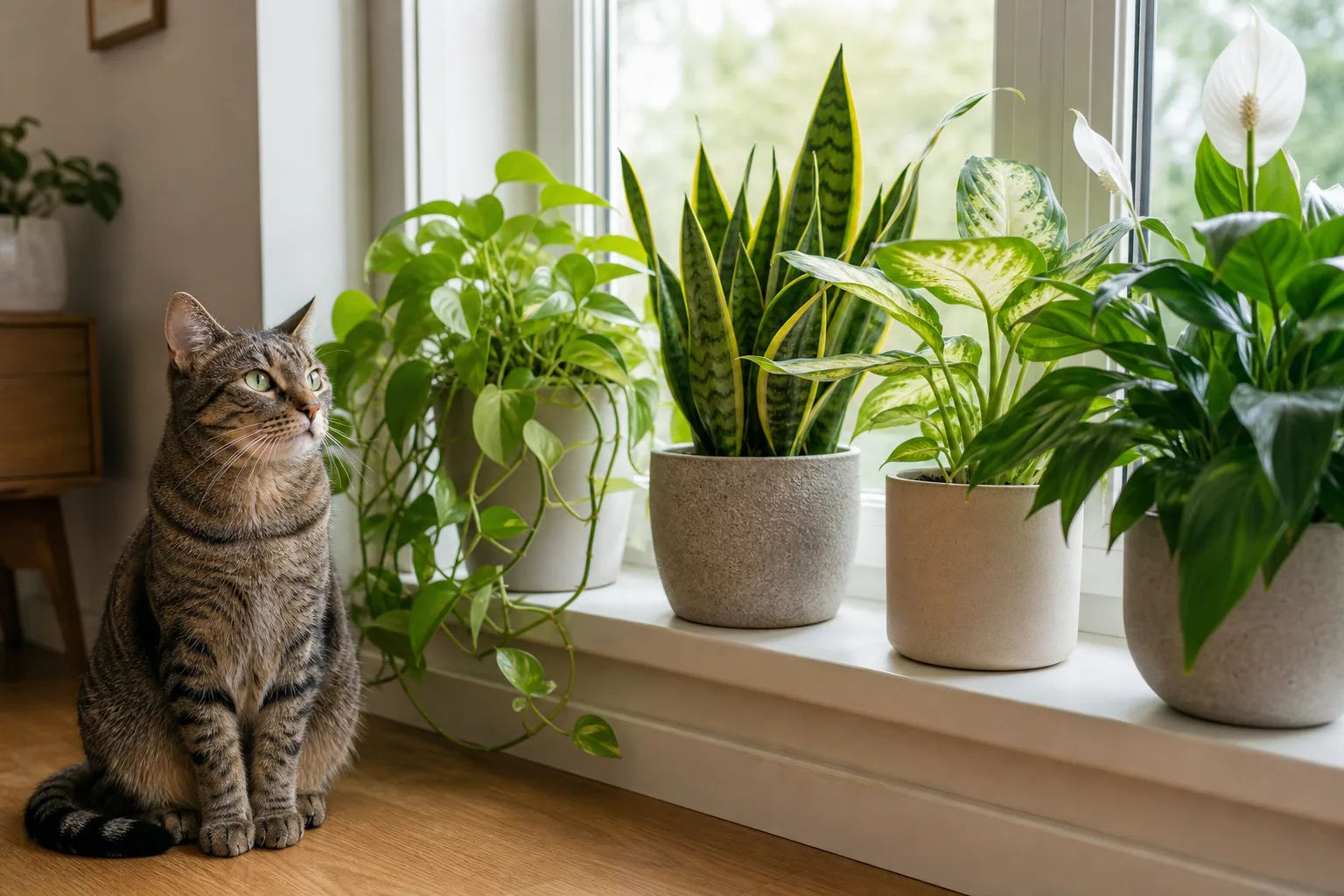 A cat sitting beside common toxic houseplants including lilies, pothos, and snake plant