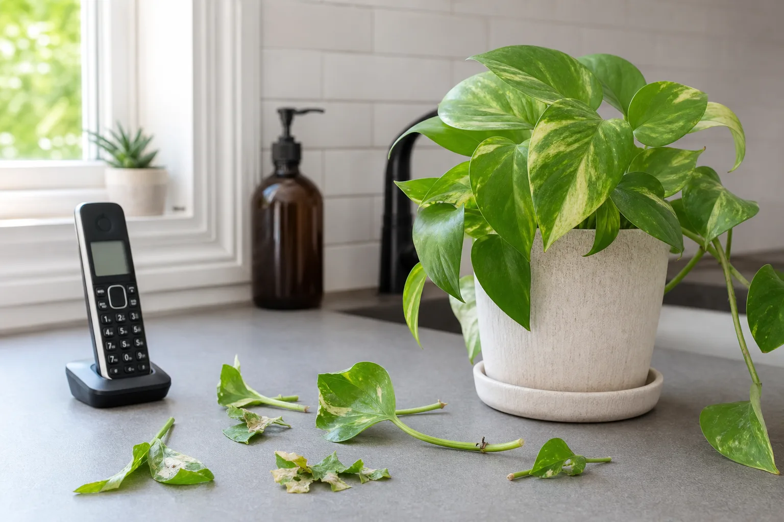 Chewed plant leaves beside an intact pothos for veterinary identification