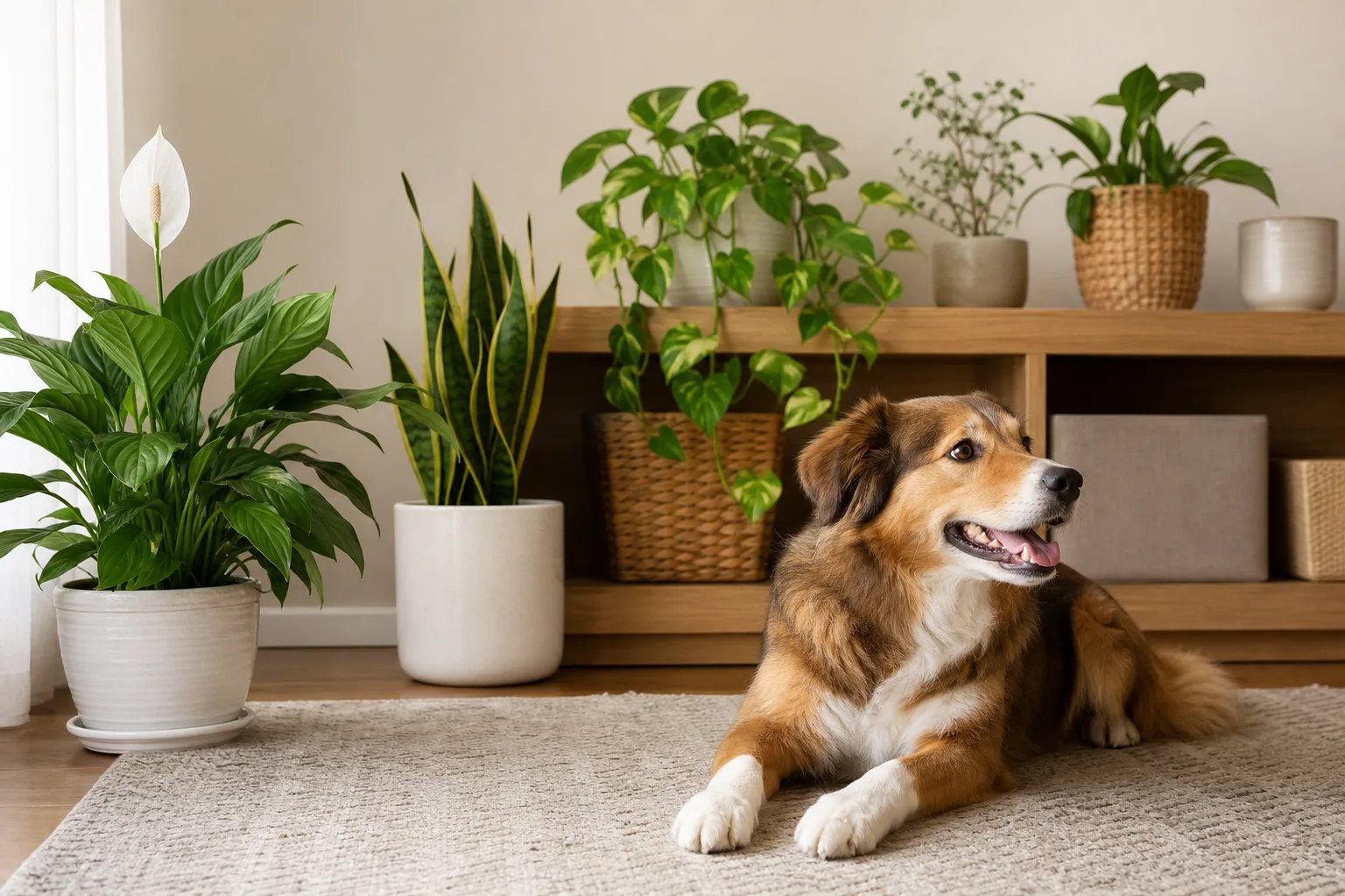 Living room with common toxic houseplants and a dog resting nearby