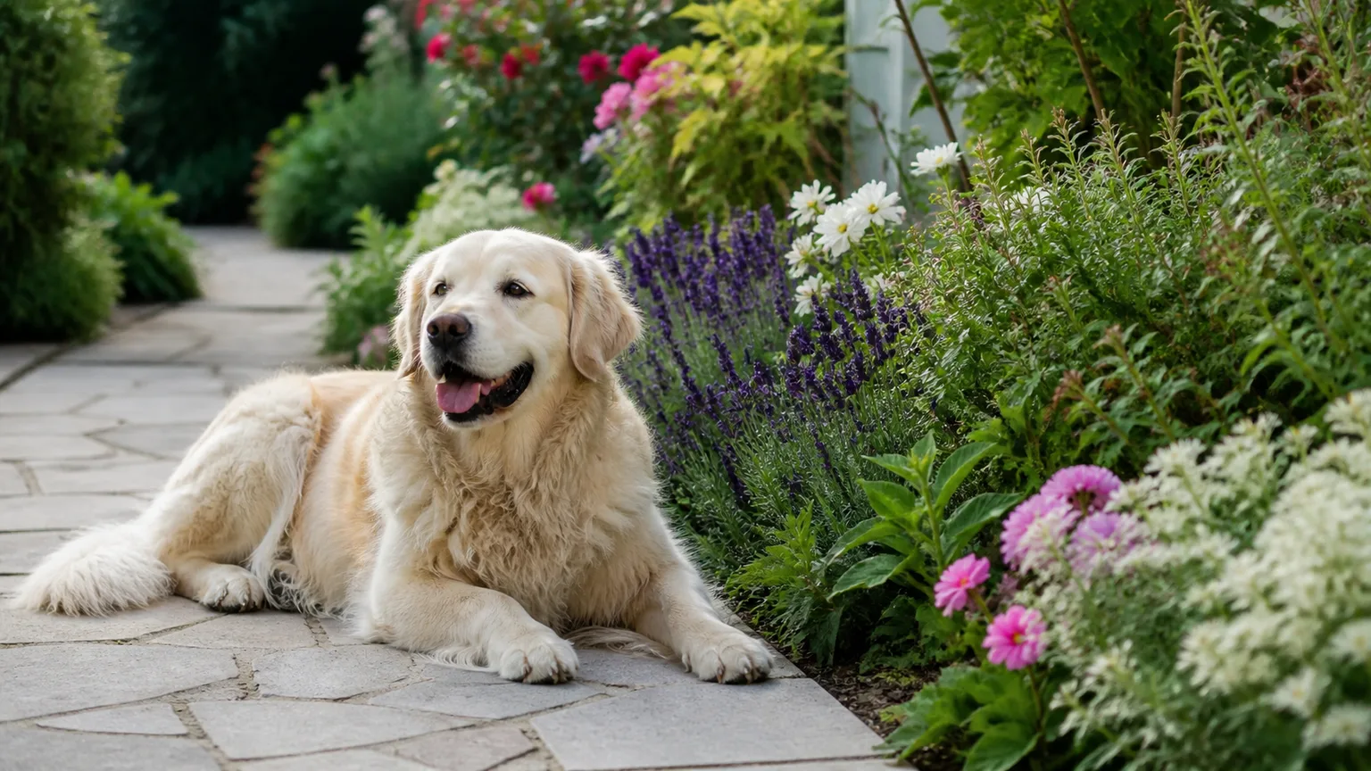 Outdoor garden path beside a colorful flower border with a dog resting safely nearby